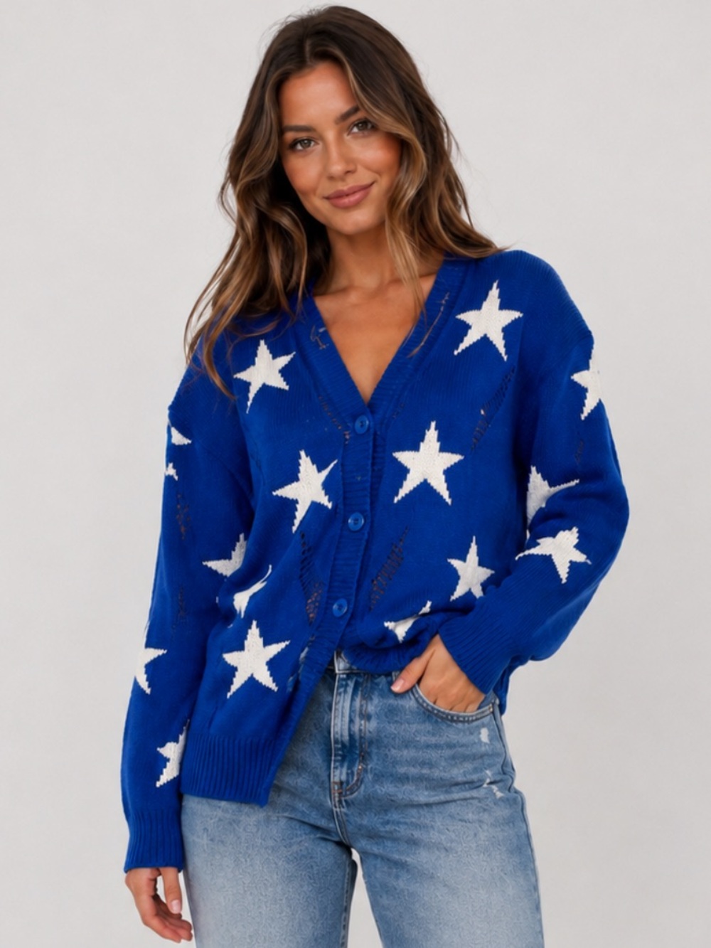 Love Tree Blue Star Cardigan Large Distressed Knit - L